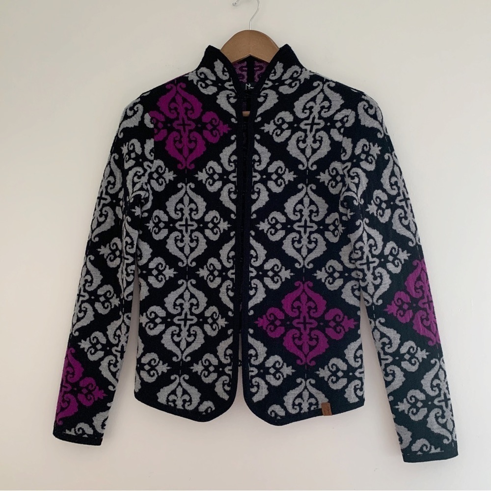 Neve Purple & Grey Merino Wool Cardigan Sweater XS Apres Ski
